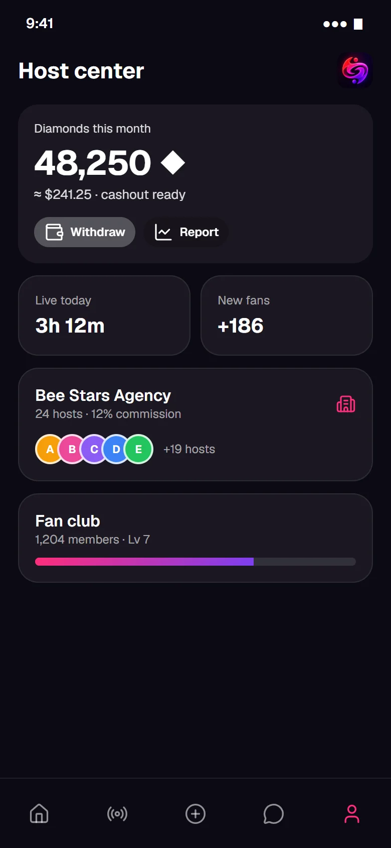 Bee Live host center with earnings, agency and fan club