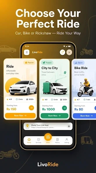 LivoRide choose your ride screen with car, city to city and bike options