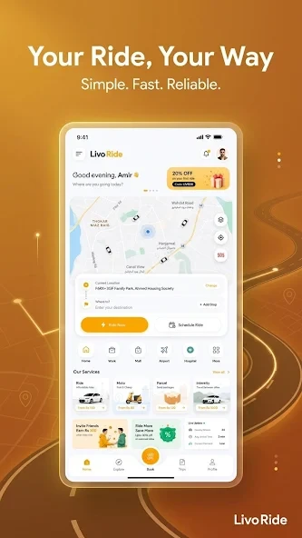 LivoRide home screen with map, pickup and services