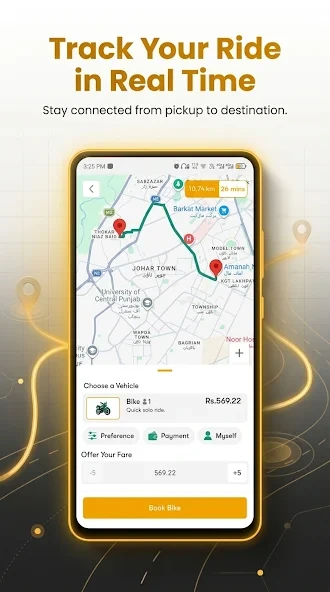 LivoRide live tracking screen with route map and offer your fare