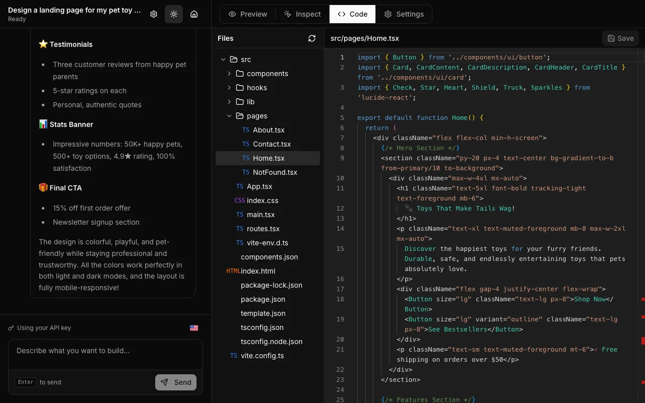 Wordable generating a React landing page with a file tree and code editor