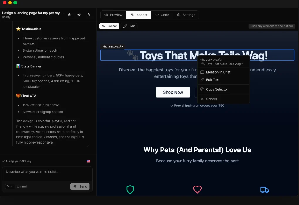 Wordable inspect mode editing a heading in the live preview