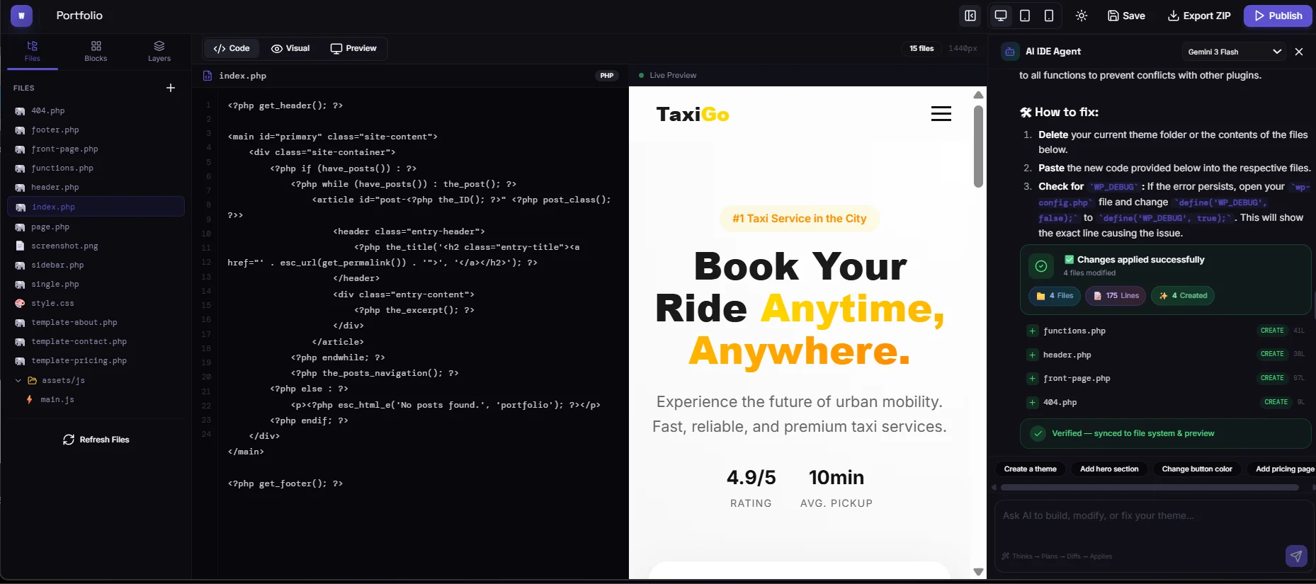 Wordable theme builder with code editor, live preview and AI IDE agent