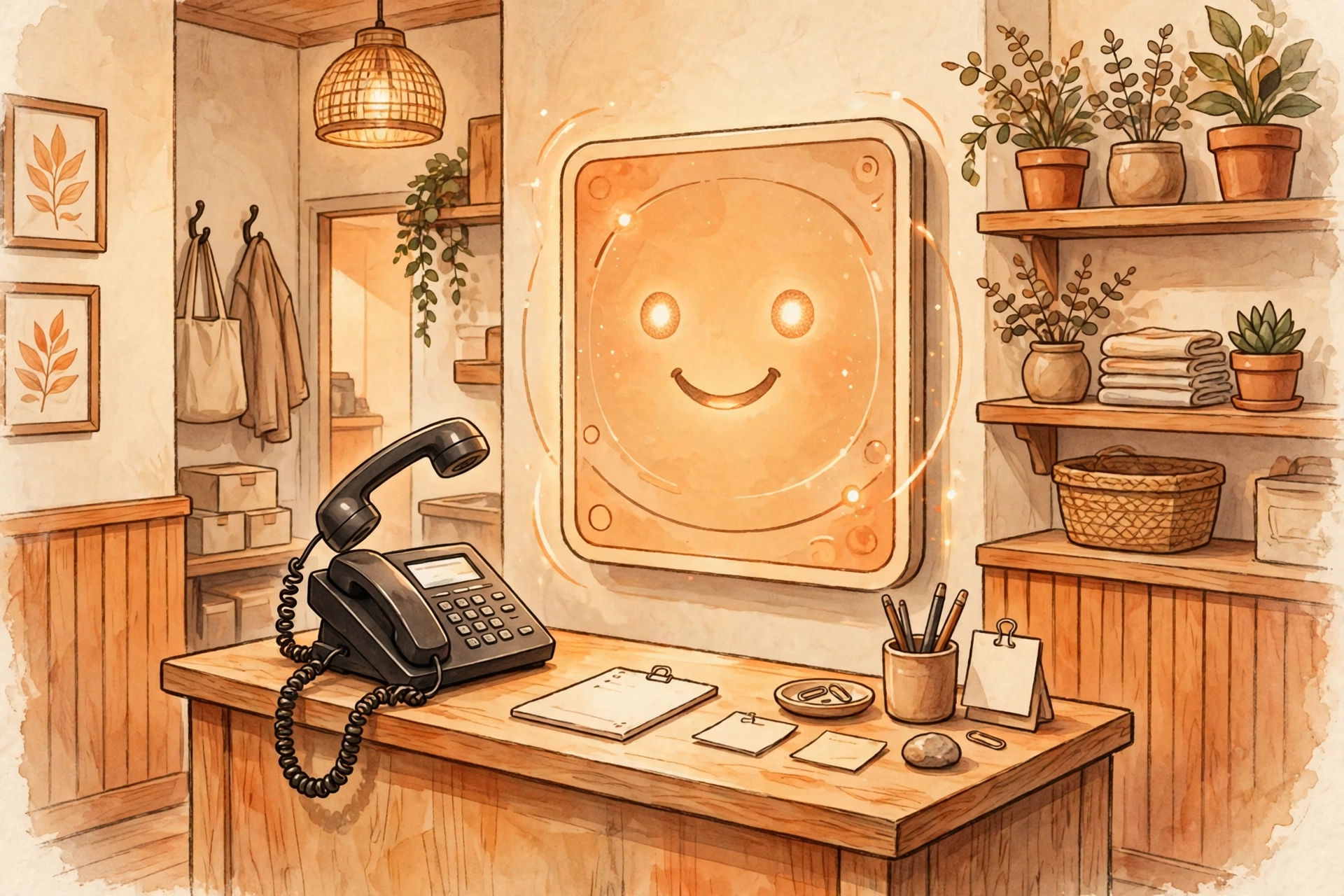AI phone receptionist illustration: a small-business front desk with calls being answered