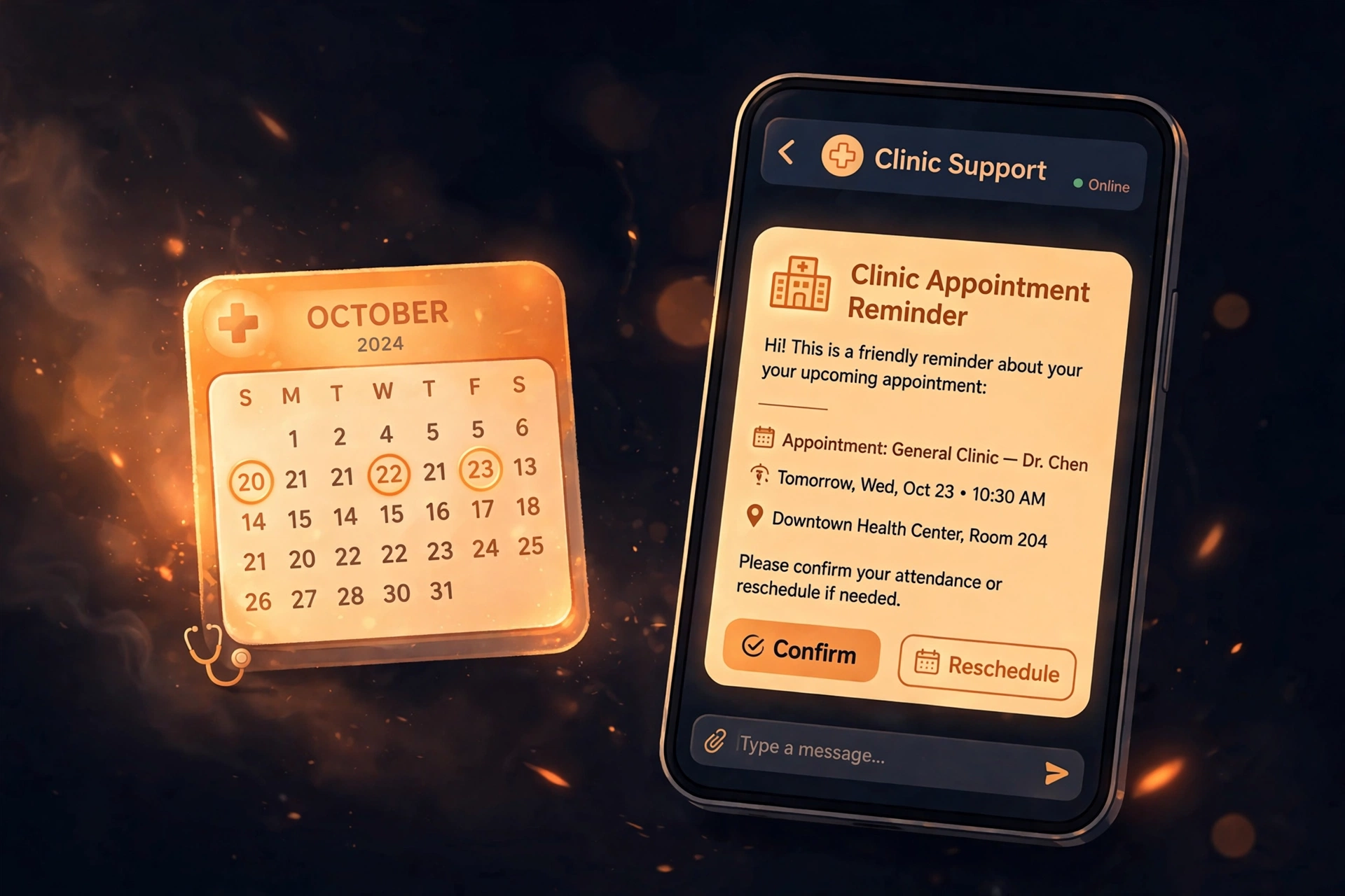 A clinic chatbot sending an appointment reminder with confirm and reschedule options