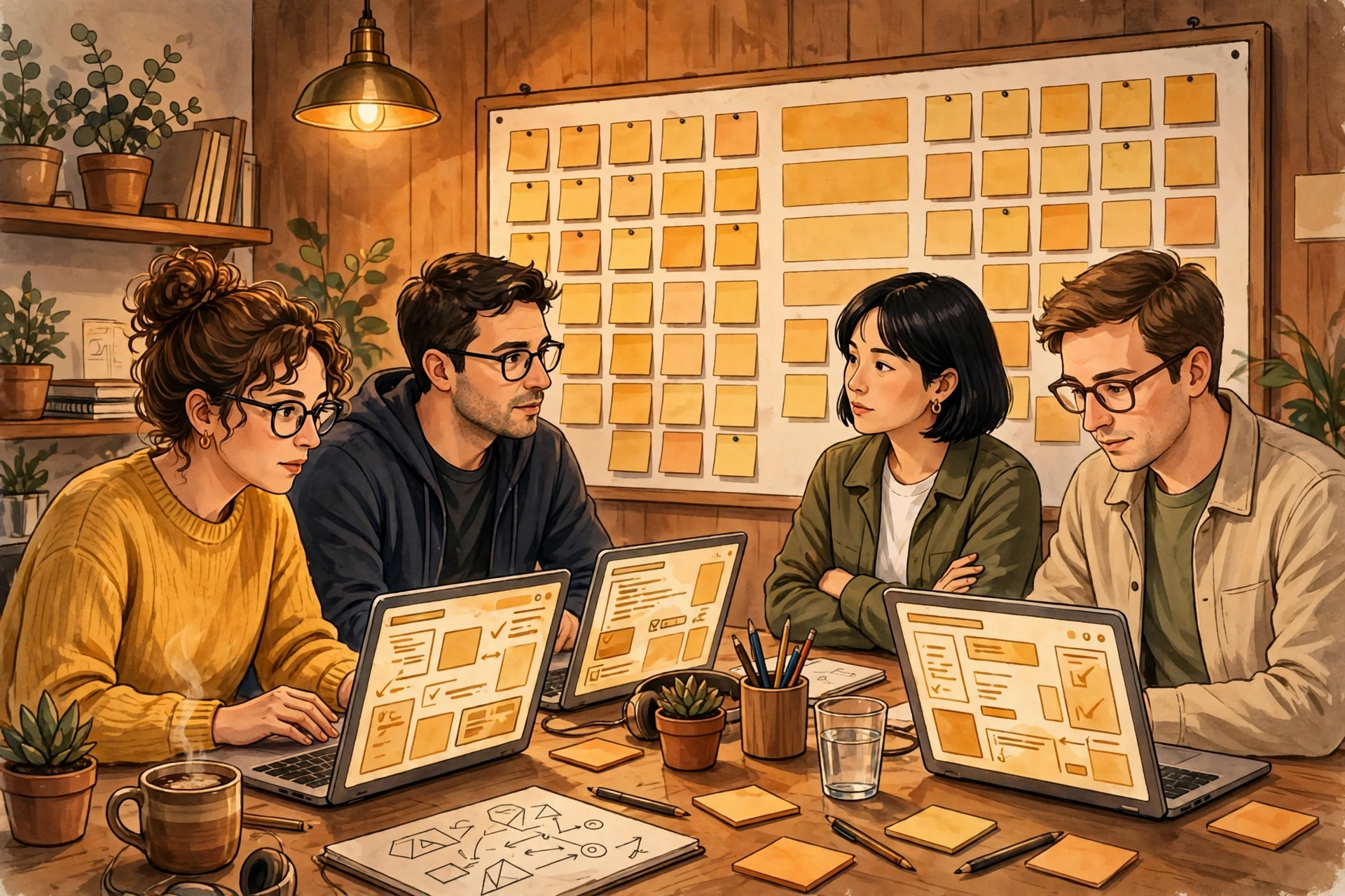 Development team reviewing automated code review comments on a shared board