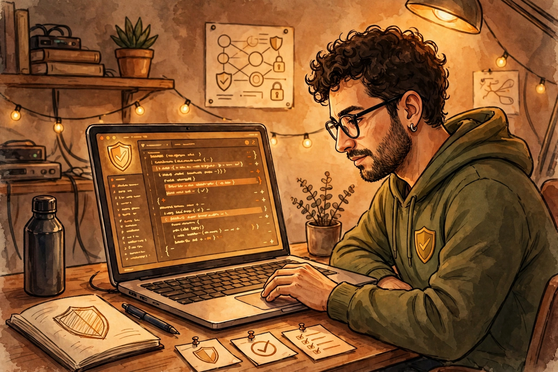 Security engineer reviewing a vulnerability report and patch on screen