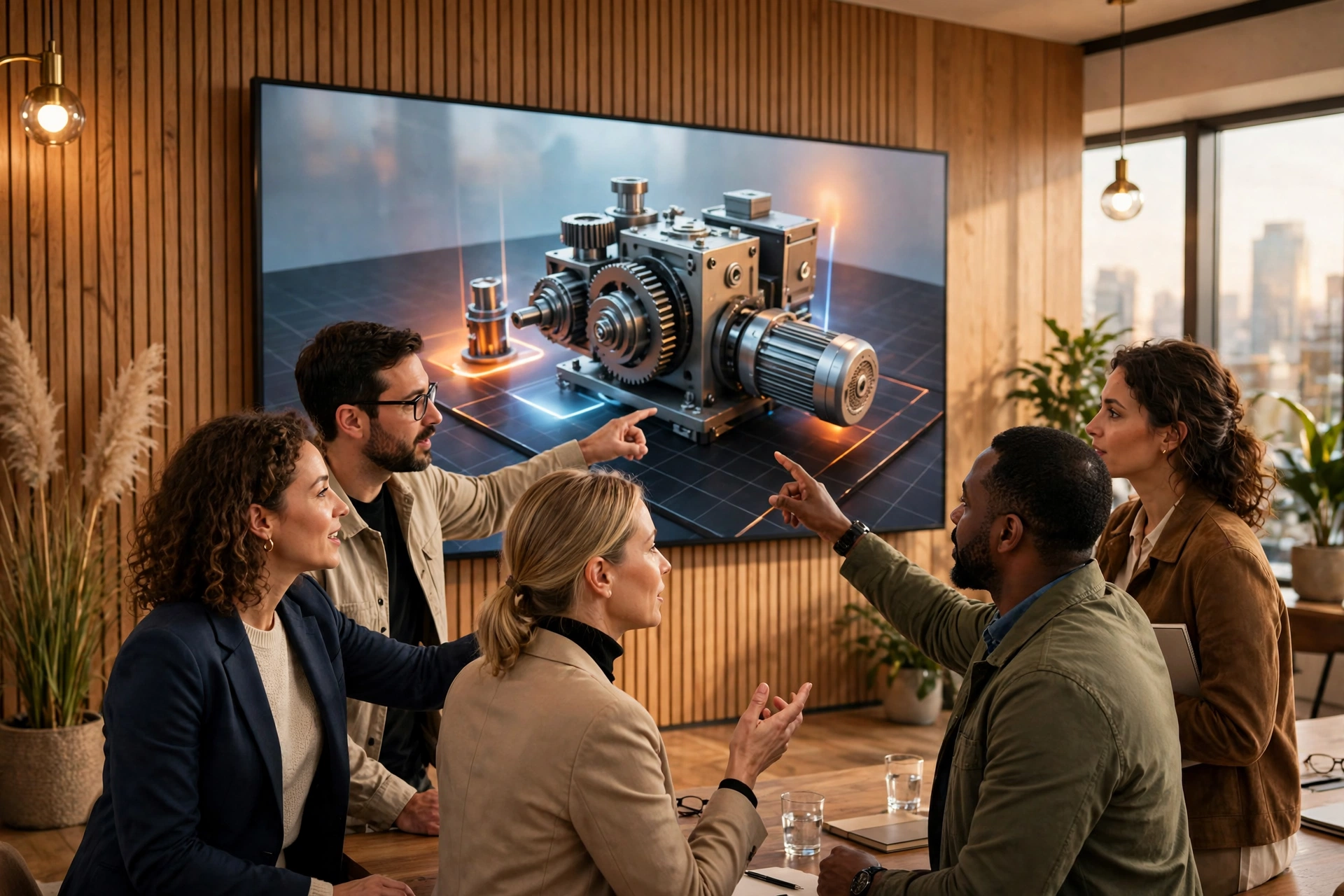 Business team reviewing an interactive 3D product demo and training simulation on a large screen
