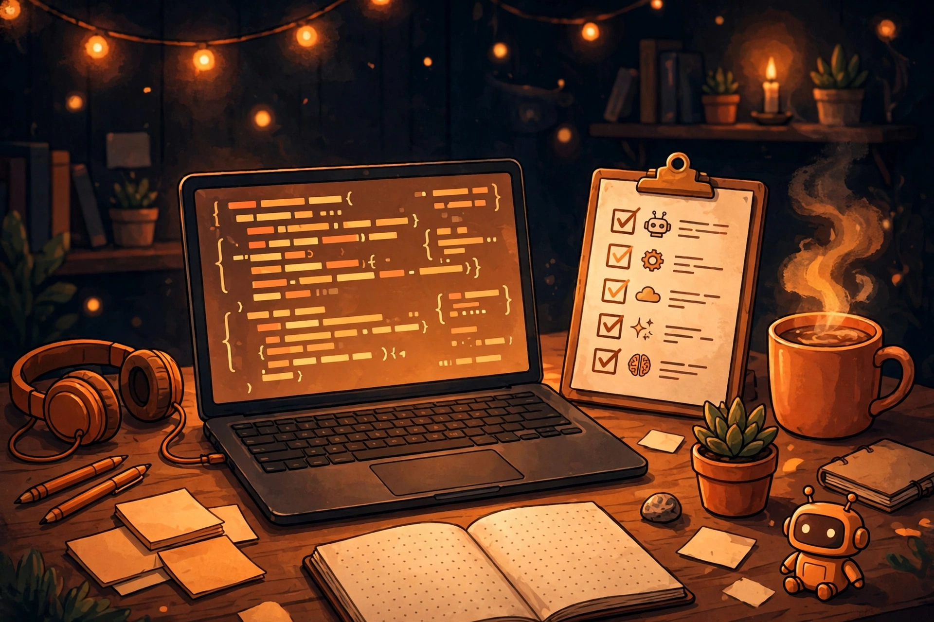 Coding agent illustration: a developer desk with code and an AI agent task checklist