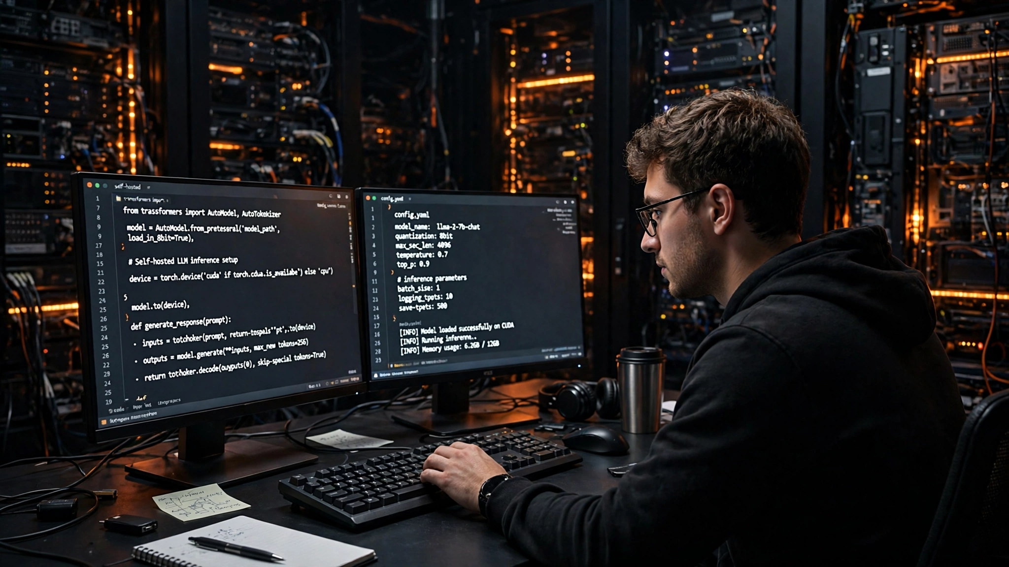 Developer reviewing self-hosted open-weight AI model code on screen