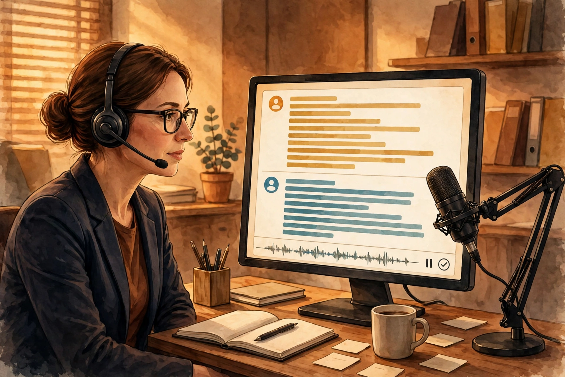 Analyst reviewing a speaker-labelled meeting transcript on screen
