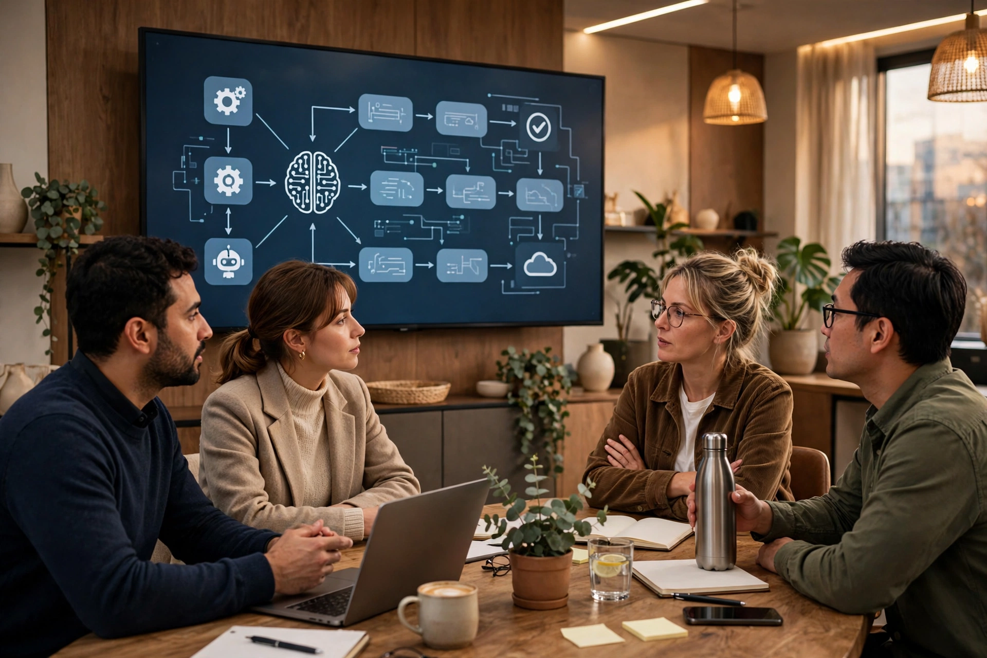 Office team reviewing an AI-assisted workflow approval on screen