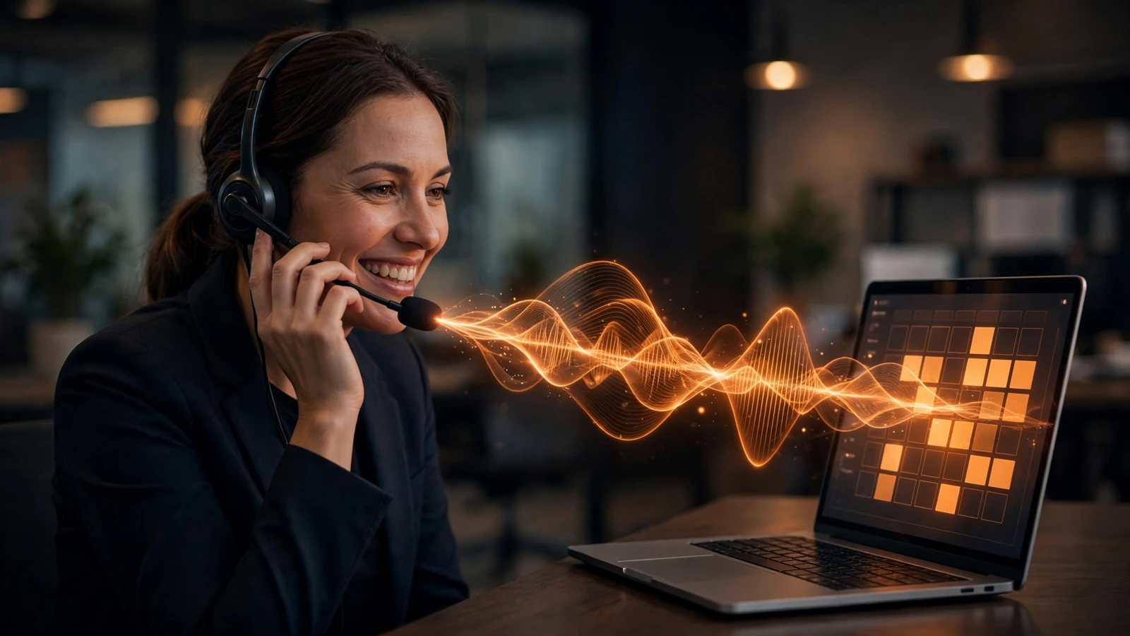 Voice AI agent with headset handling a live business phone call