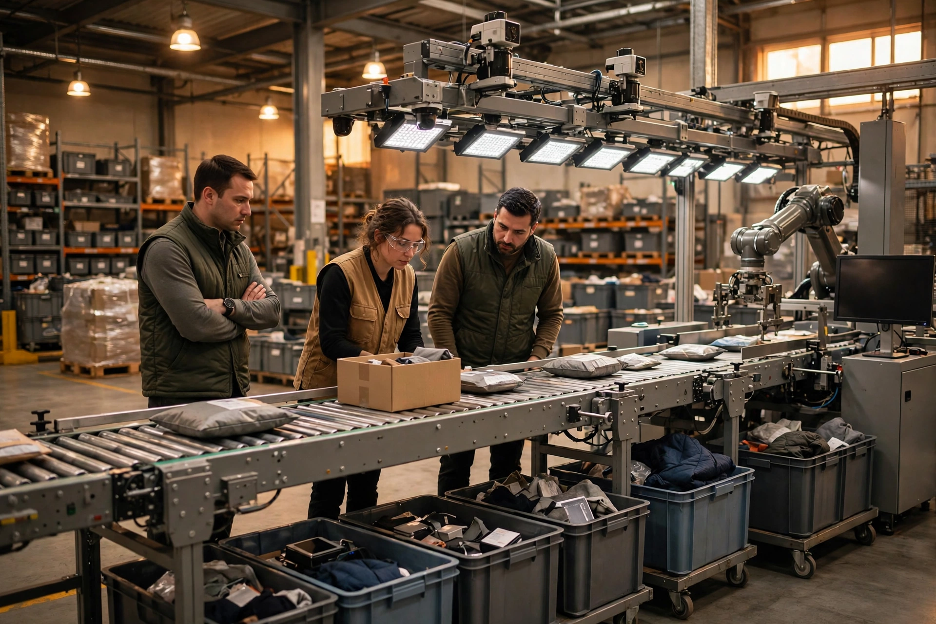 Returns processing line with staff supervising automated sorting and quality checks