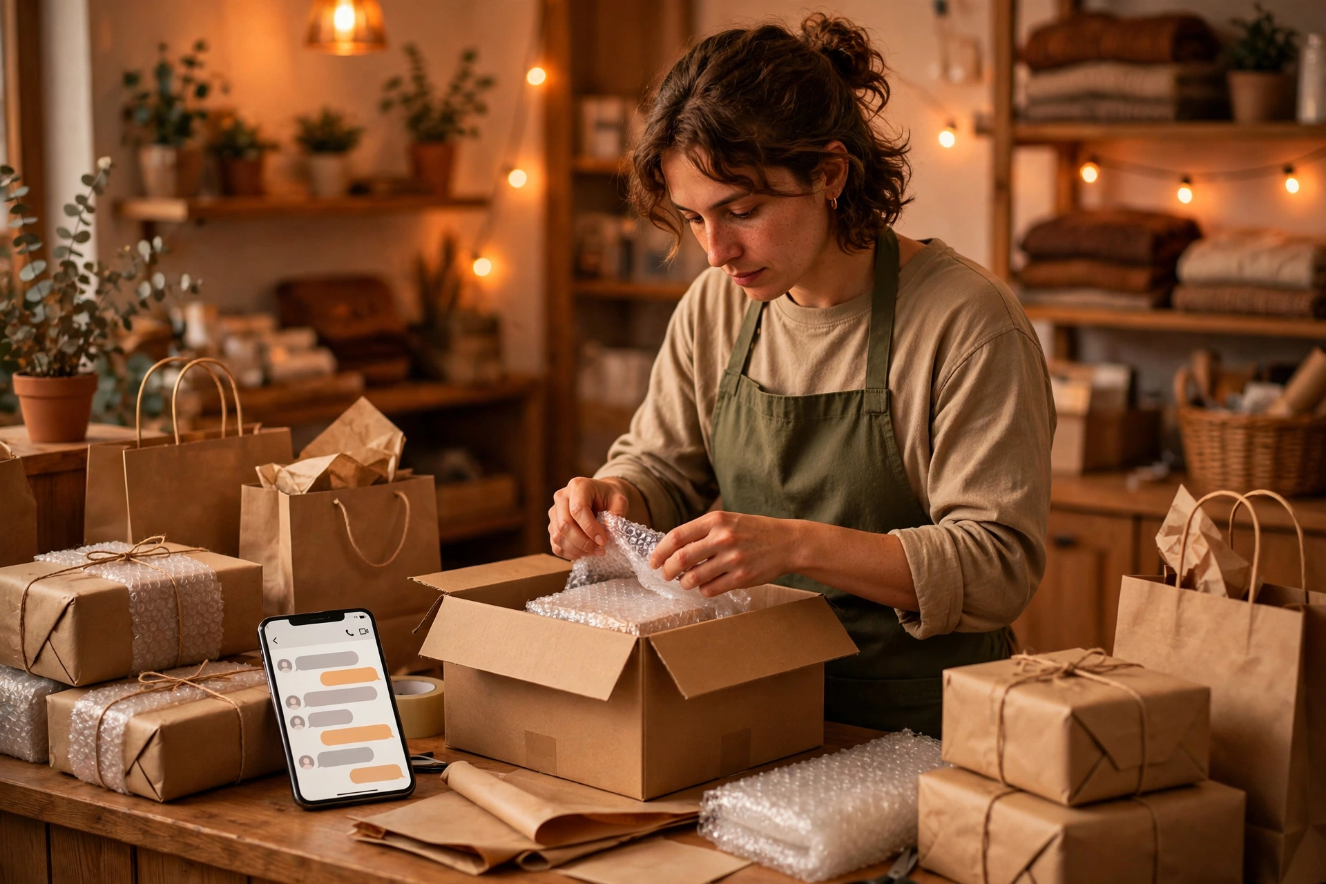 Retailer packing an online order while a customer shops over WhatsApp chat